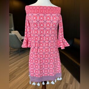 Off shoulder smocked neckline  dress!wi th hemline tassels!